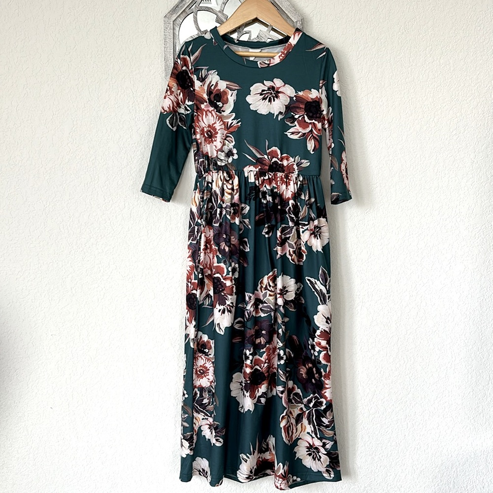 21 Kids • Teal Pocketed Cottagecore Coquette Floral Print Comfy Fall Maxi Dress